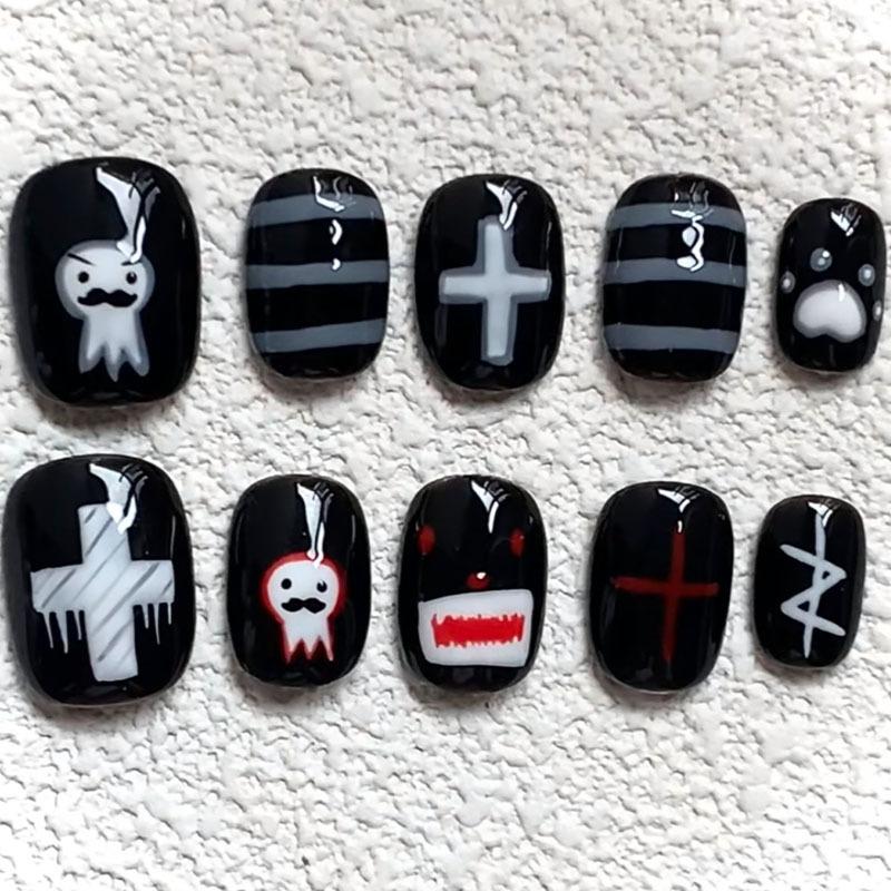 30Pcs Cute Cartoon Short Bean Shaped Press On Nails Autumn Winter Niche Design Fake Nails Gift For Girls And Friends