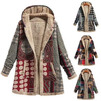 Women Overcoat Keep Warm Hooded Polyester Ethnic Pattern Winter Coat for Daily Wear