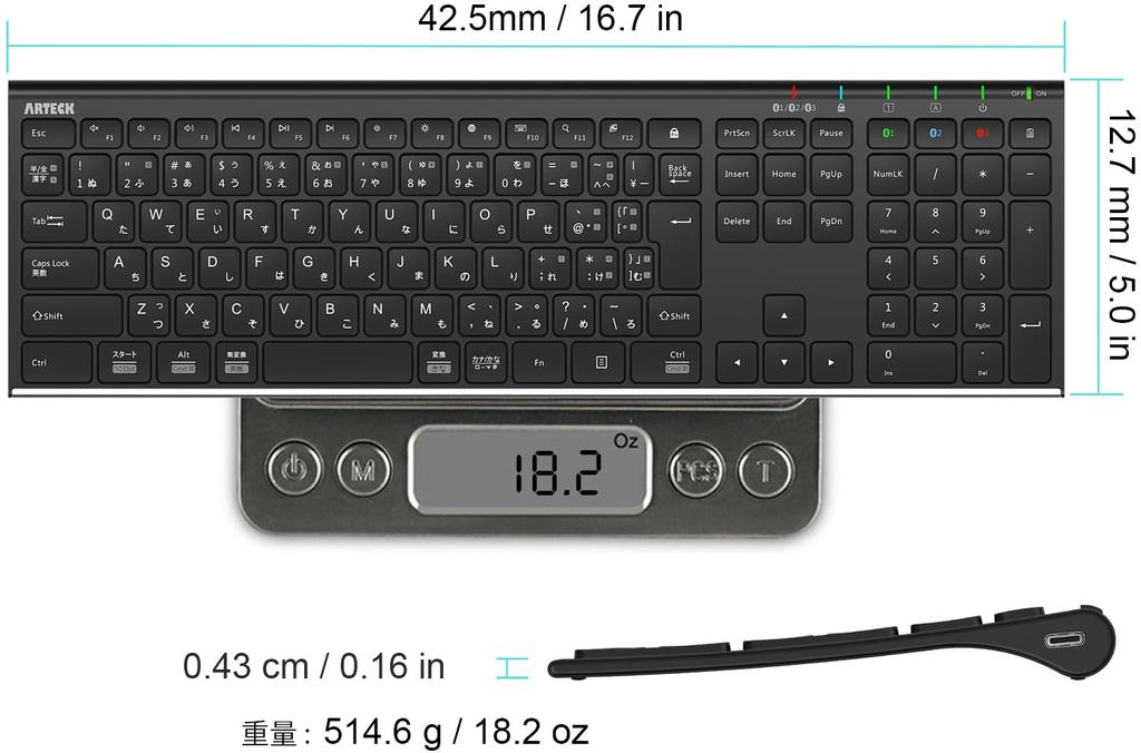 Arteck Bluetooth Japanese Stainless Compatible with Windows Tablet Rechargeable Can Be Used for 6 Months Keyboard, Layout, Multi-Device, Steel,