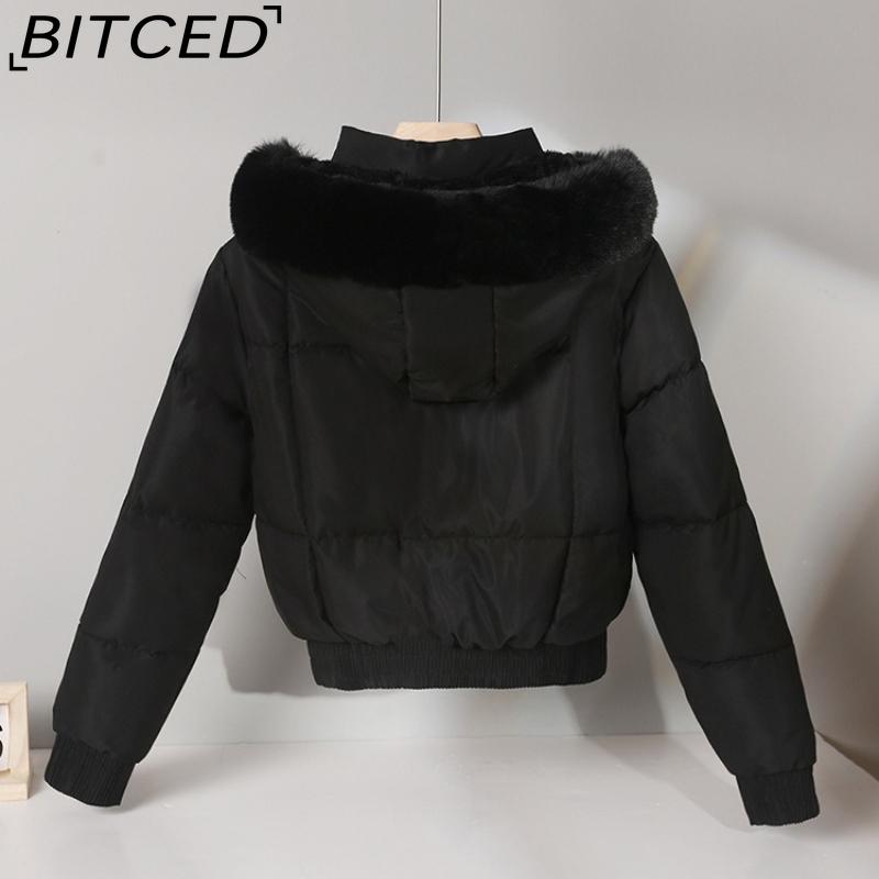BITCED Women's Short-Length Puffer Coat Winter Fleece-Lined Thickened Cotton Jacket with Large Fur Collar Bread-Style Outerwear