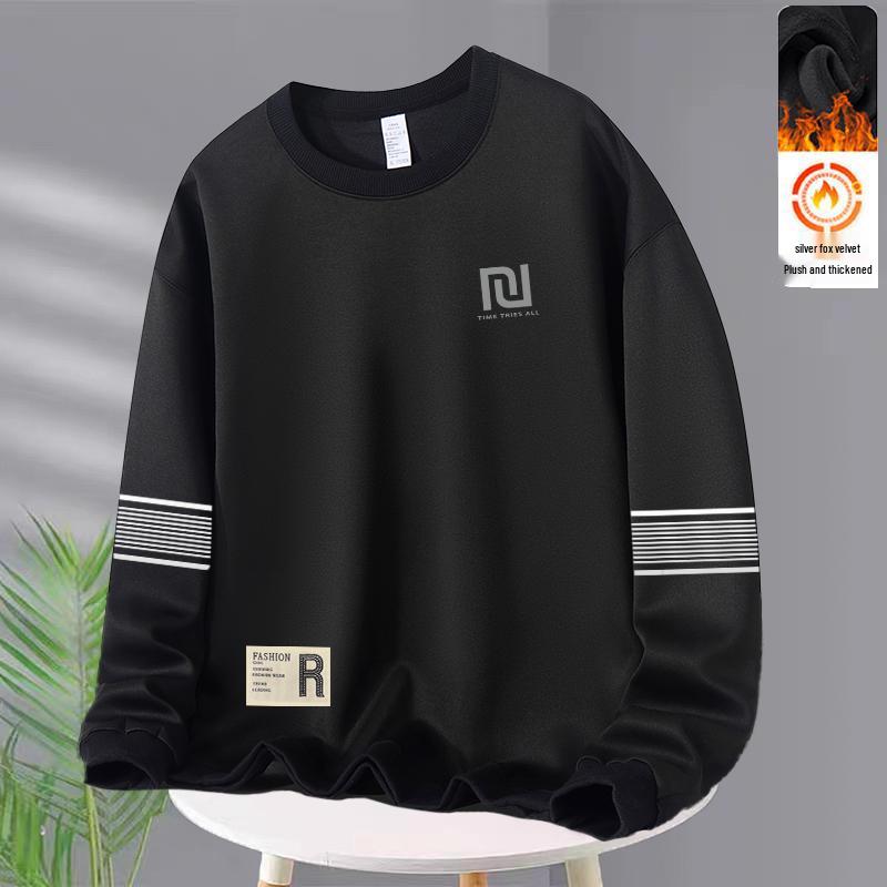 Men's Casual Loose Fit Round Neck Plus Velvet Pullover Hoodie - Autumn Winter Long Sleeve Base Layer Top