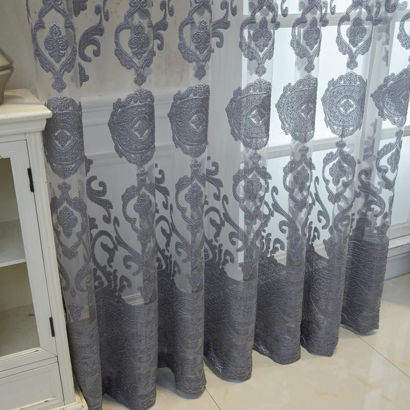 Cross French Retro Gray Sheer Curtains, 3D Jacquard Semi-Transparent Window Screens for Villa Bedroom, Rod Pocket Style