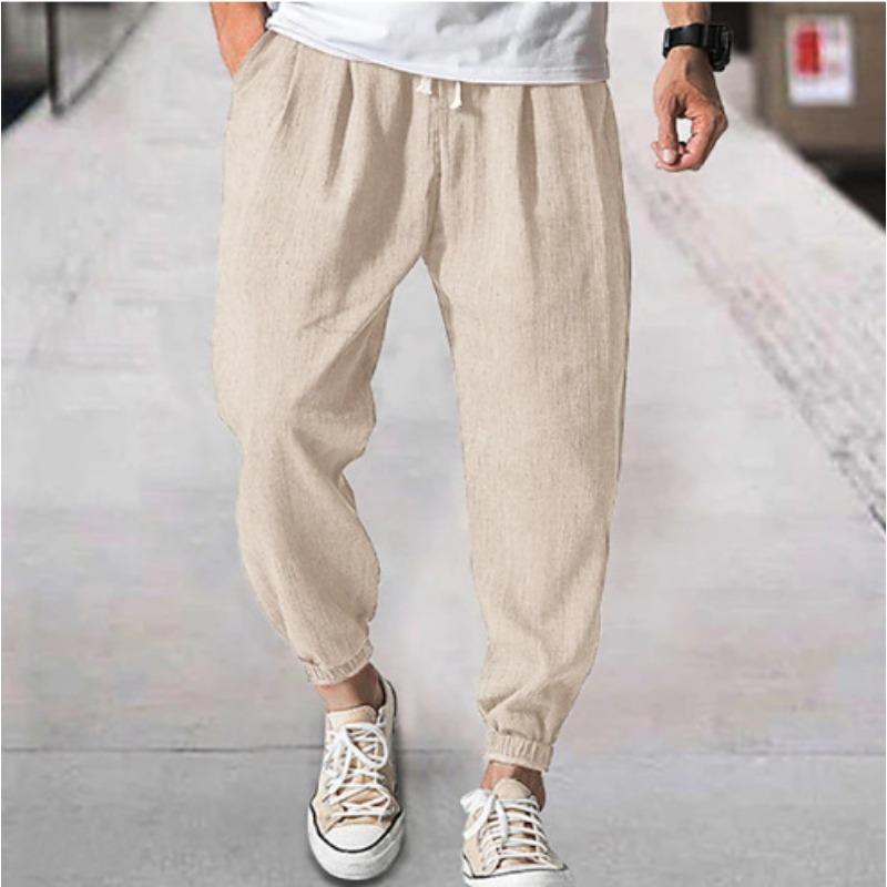 Cotton and Linen Nine Cropped Pants Beach Pants Pocket Drawstring Elastic Waist Solid Color Comfortable and Breathable  Men’s Casual Pants