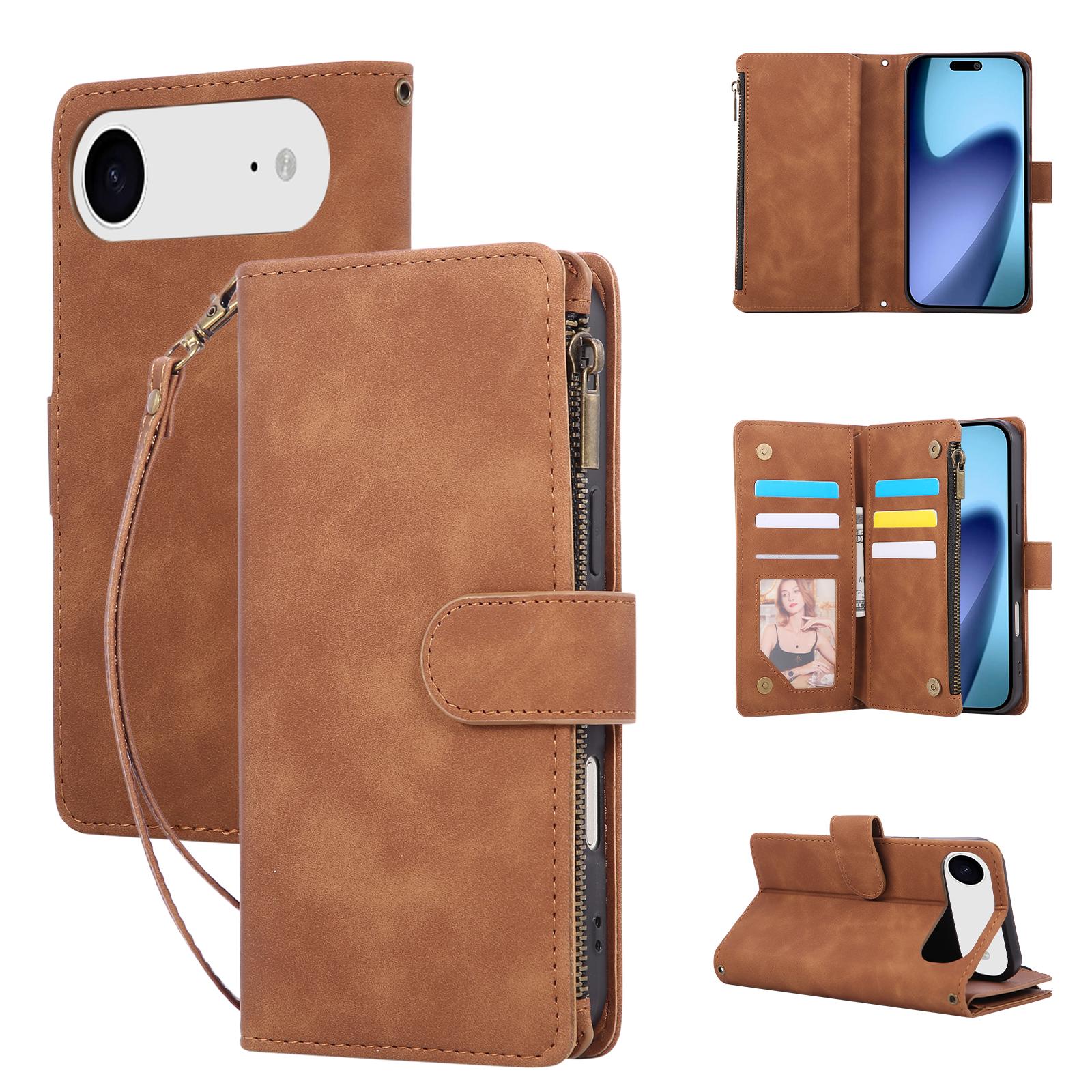 

For iPhone Air Case Zipper Wallet Multiple Card Slots Leather Phone Cover with Wrist Strap A