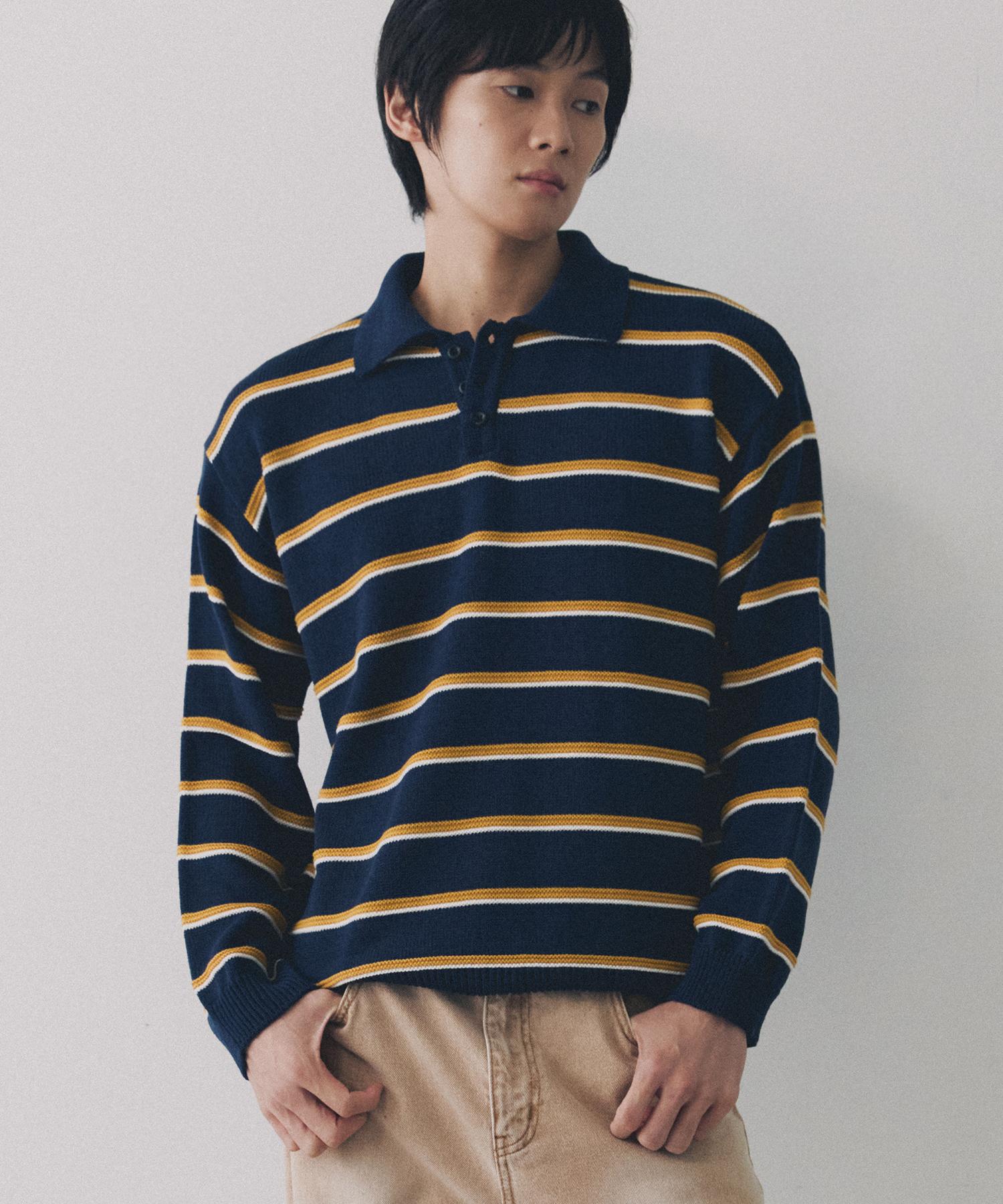 Nod You Multi-Color Block Collared Stripe Knit T-Shirt [Navy] M