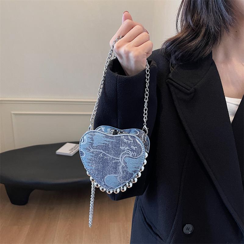 2025 New Personality Trend Pearl Beaded Love Peach Heart Handbag Shoulder Bag Messenger Bag Women's Bag