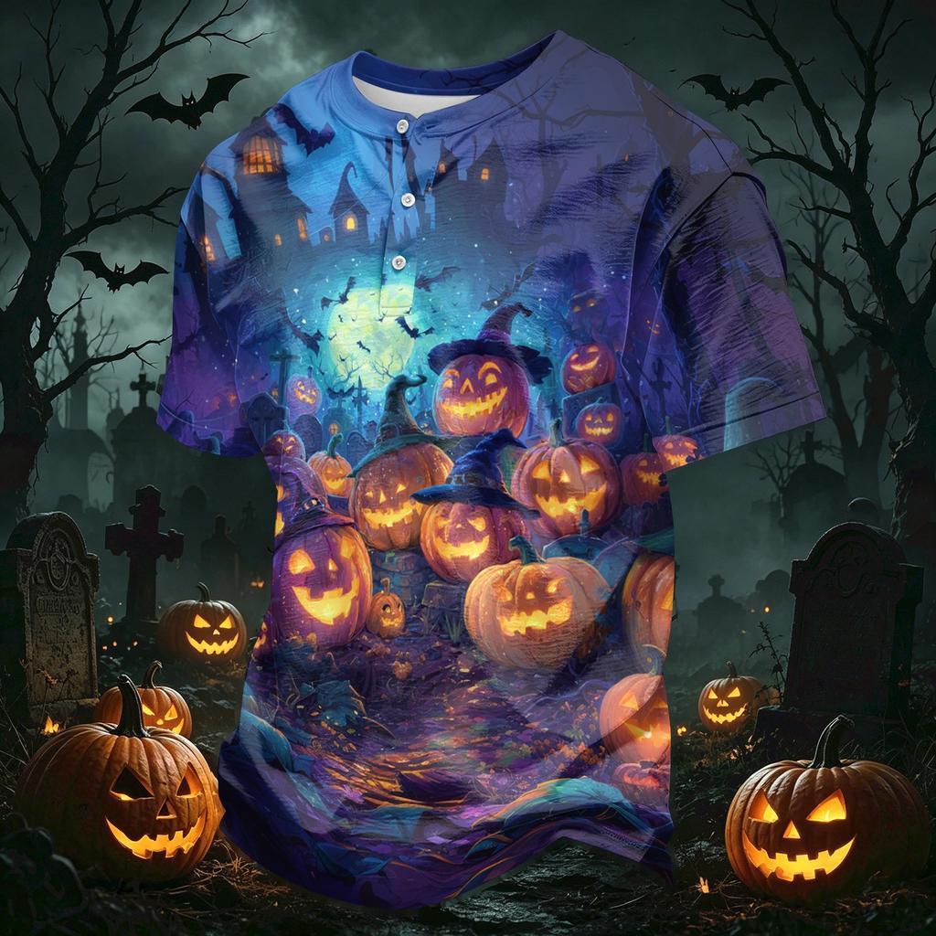 Men's Casual Button Collar Lightweight Breathable Short Sleeve Shirt Halloween Themed Printed Design Comfortable Fit