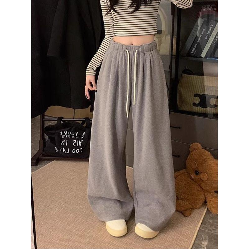 Pink Velvet Pants Warm Casual Pants Loose Pants Women's Clothing Fall High Waist Thick Straight-Leg Pants Mop Pants Pants