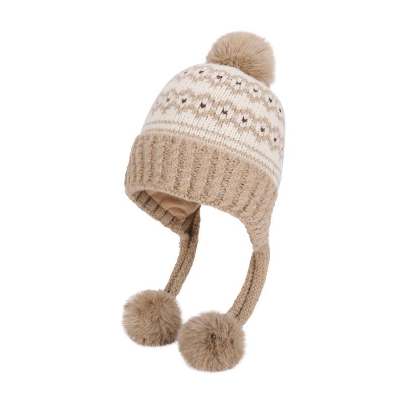 Fur Ball Ear Protection Knitted Hat Women Velvet Warm Wool Hat Big Head Cap