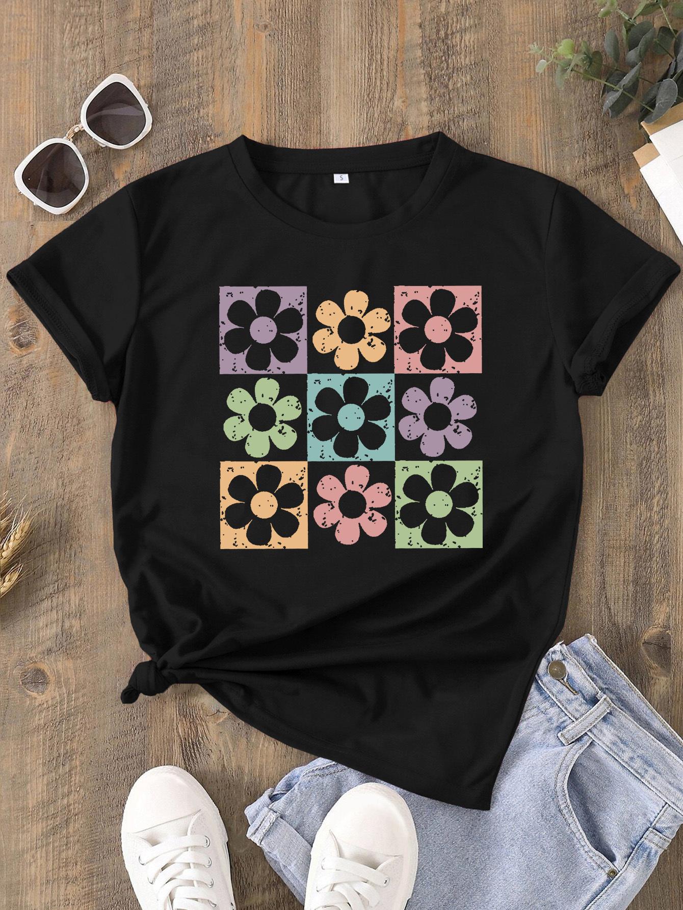

Floral Print T-shirt, Short Sleeve Crew Neck Casual Top For Summer & Spring, Women s Clothing 5XL різнокольоровий