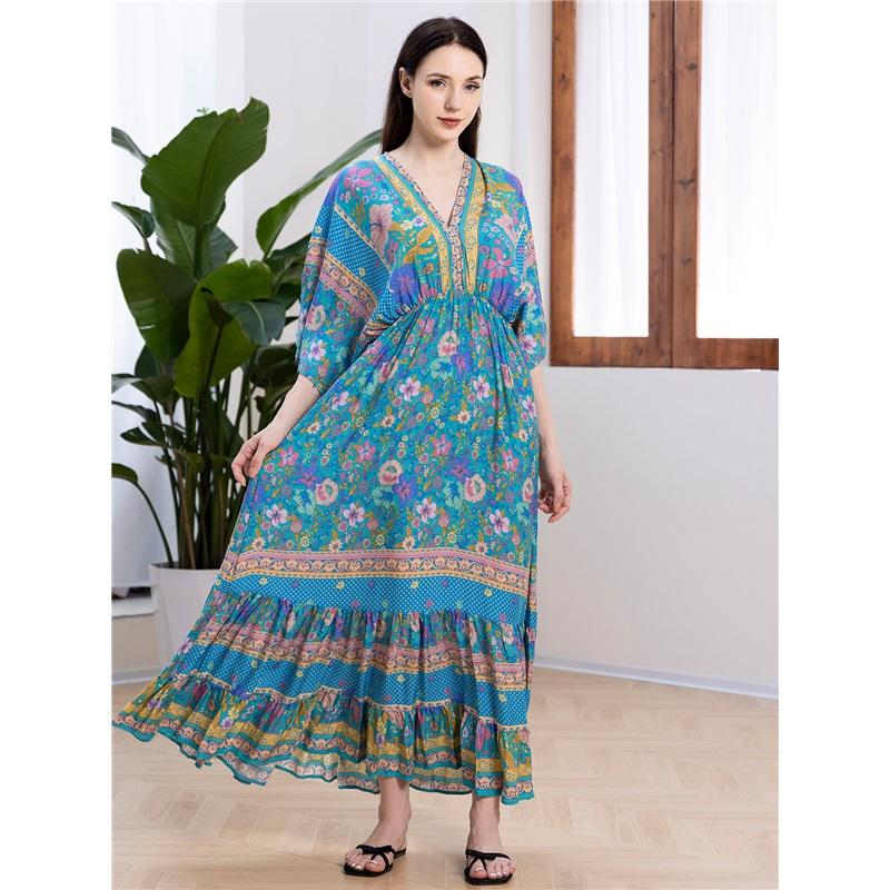 European And American Summer Ladies Floral Dress Loose A-line Printed Long Skirt Beach Blouse Holiday Style