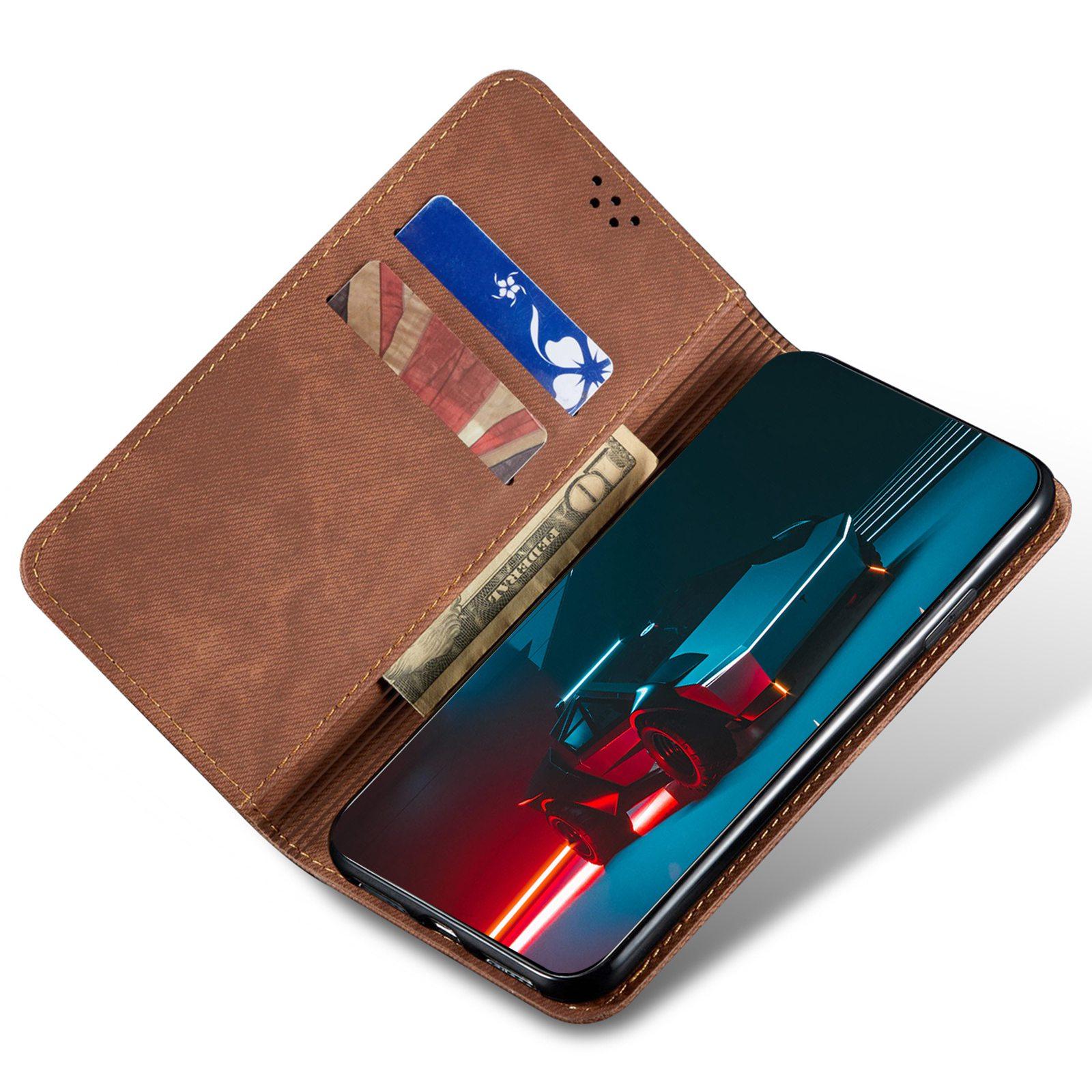 

For iPhone 14 Pro 6.1 inch Phone Flip Wallet Cover Stand Scratch-resistant Jeans Cloth Texture PU Leather Mobile Phone Case Coffee