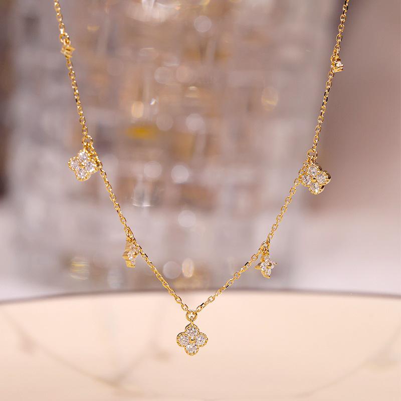 18K Gold-Plated S925 Sterling Silver Four-Leaf Clover Zircon Pendant Necklace S925 Silver