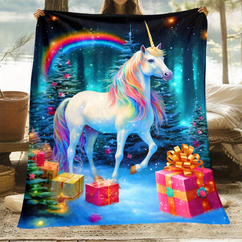 Unicorn Rainbow Christmas Tree Fleece Blanket Fantasy Magical Horse Gift Box Design Soft Plush Throw For Kids Room Decor Dreamy 75x100cm