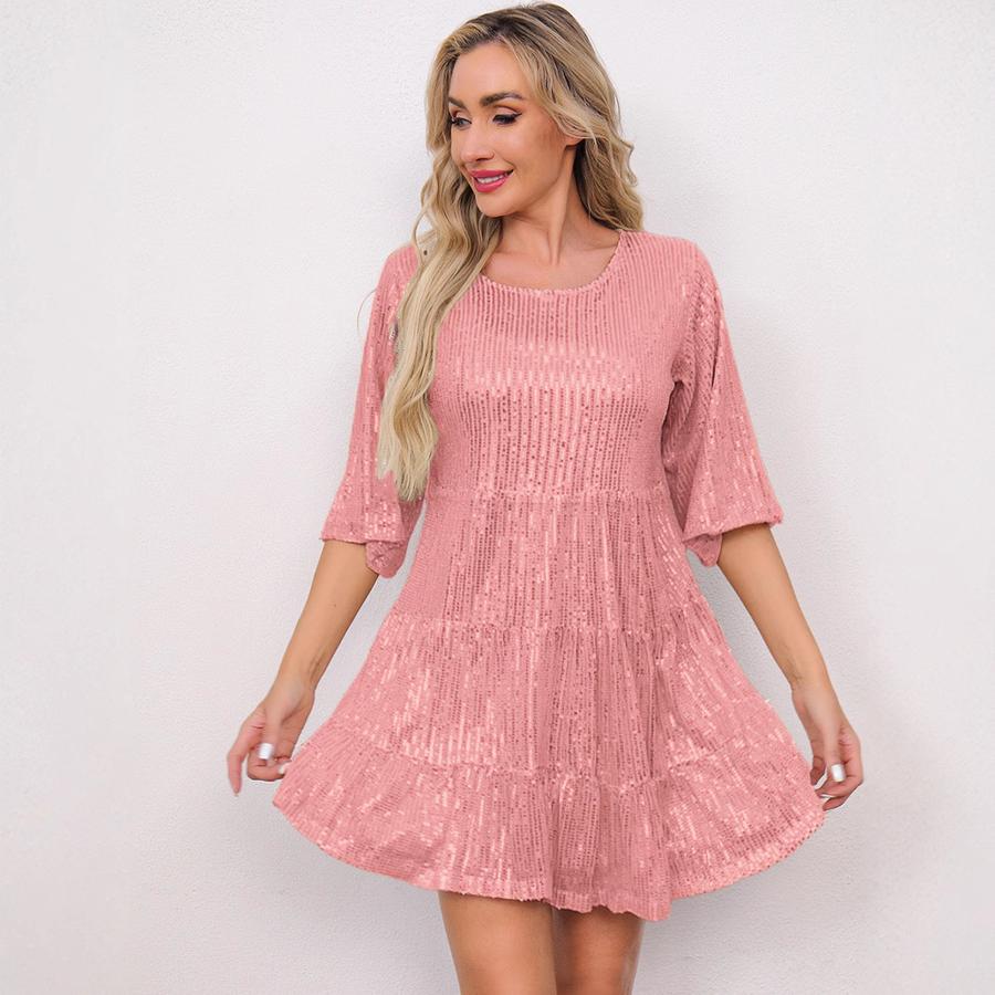New Style Trendy Solid Loose Waist Short Sleeve Mini Dress Party Evening Sequined Gown
