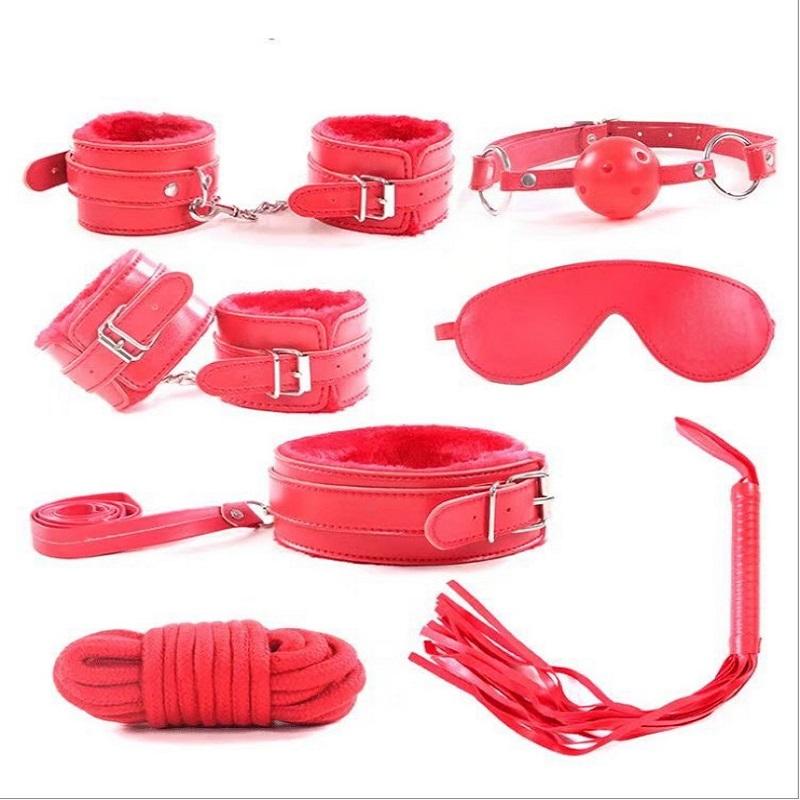 7pcs/set for Woman PU Leather SM Bondage Set Sex Handcuffs Footcuffs Whip Rope Eye Mask Blindfold Erotic Toys Couples