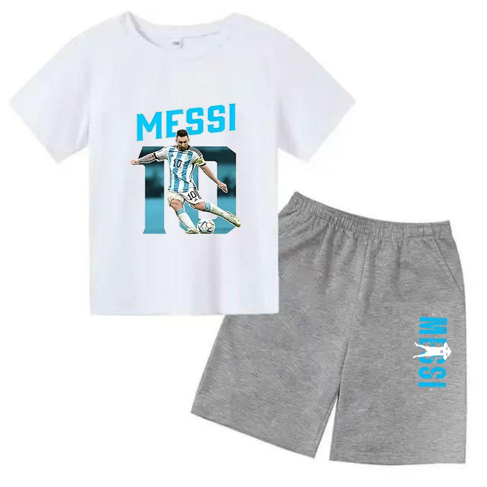 Set Estivo per Bambini Marca Messi Stampa T-shirt a Maniche Corte + Pantaloncini Set 2 Pezzi Tuta Sportiva Moda Casual Bambino Ragazzo Ragazza Abbigliamento per Fan