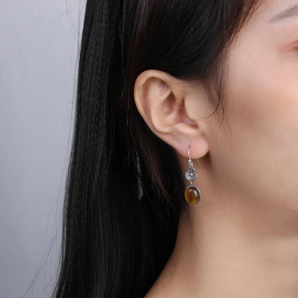 Vintage Earrings Natural Oval Tiger's Eye Stone Flower Shape S Silver Earring for Women Rhodochrosite Fine