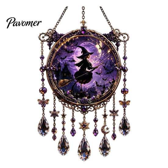 Elegant Craft Gifts Halloween Crystal Window Suncatcher, Acrylic Witch Hanging Wind Chime, Decorative Courtyard Ornaments Ornament for Indoor Outdoor