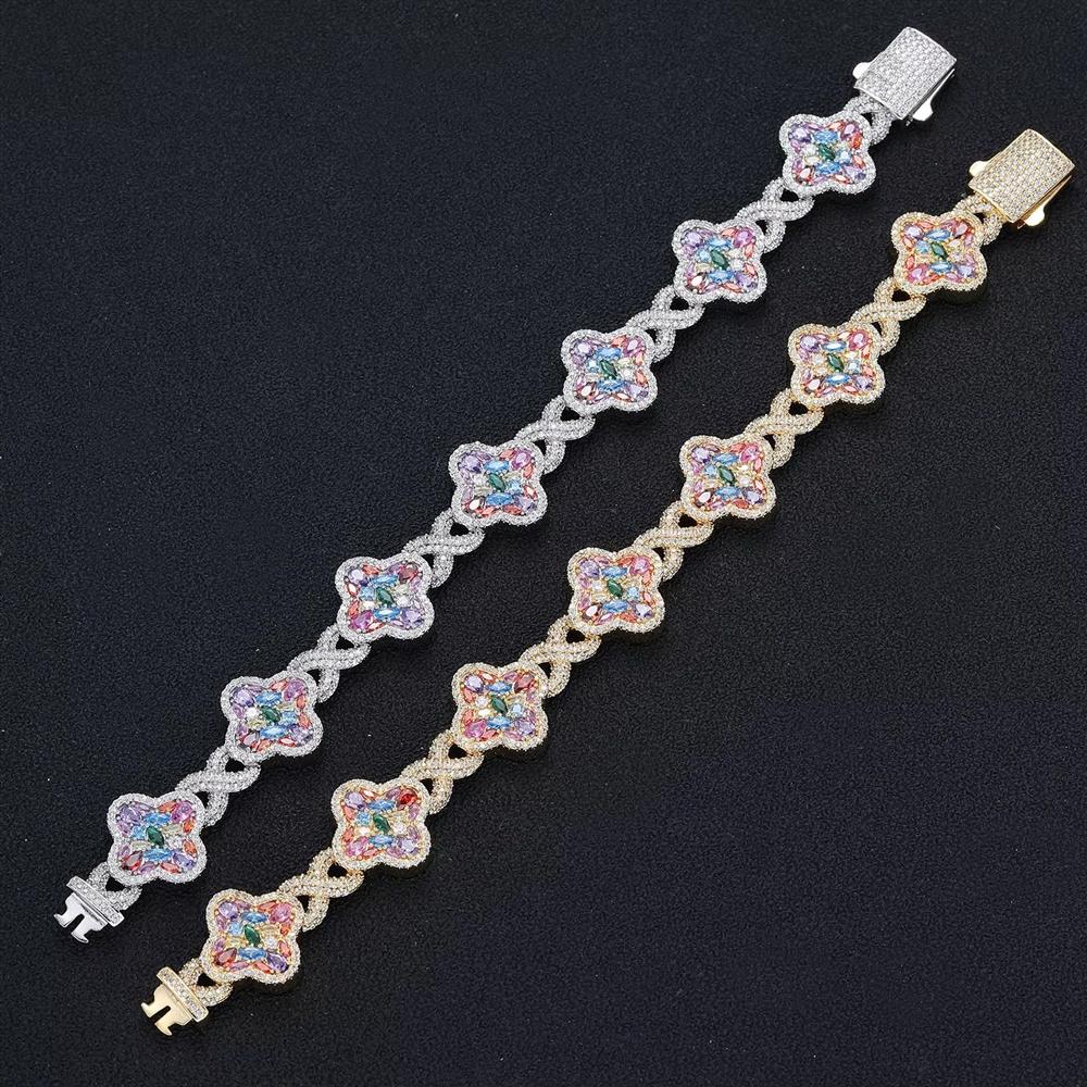 Luxury Iced Out Colorful CZ Four Leaf Clover Infinity Link Bracelet 18K Gold Plated Brass Lucky Jewelry for Women Men