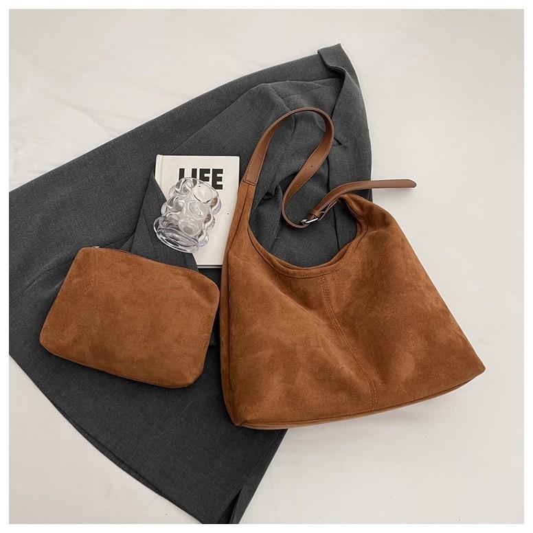 IELGY Ladies Tote Bag Suede Bucket Bag Large Capacity One Shoulder Armpit Retro Commuter