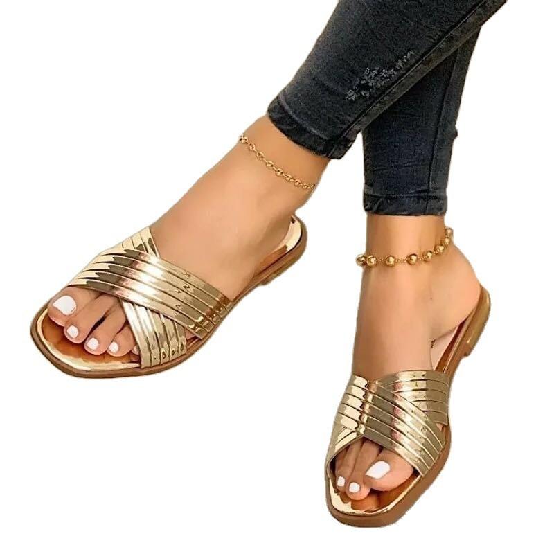 Large Size Slippers Women Wish Summer New Comfortable Outer Wear Patent Leather Casual Flat Slippers
