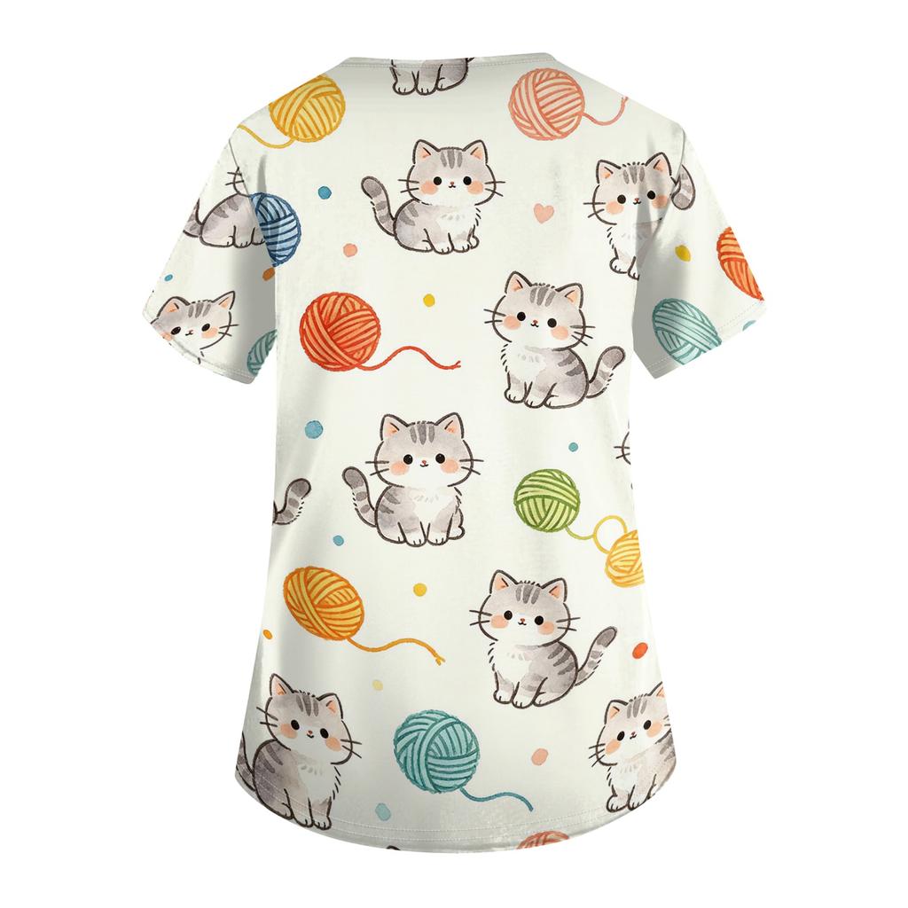 Women's V Neck Short Sleeve Work Top with Pockets Animal Print Professional Uniform Shirt for Healthcare Nursing Staff
