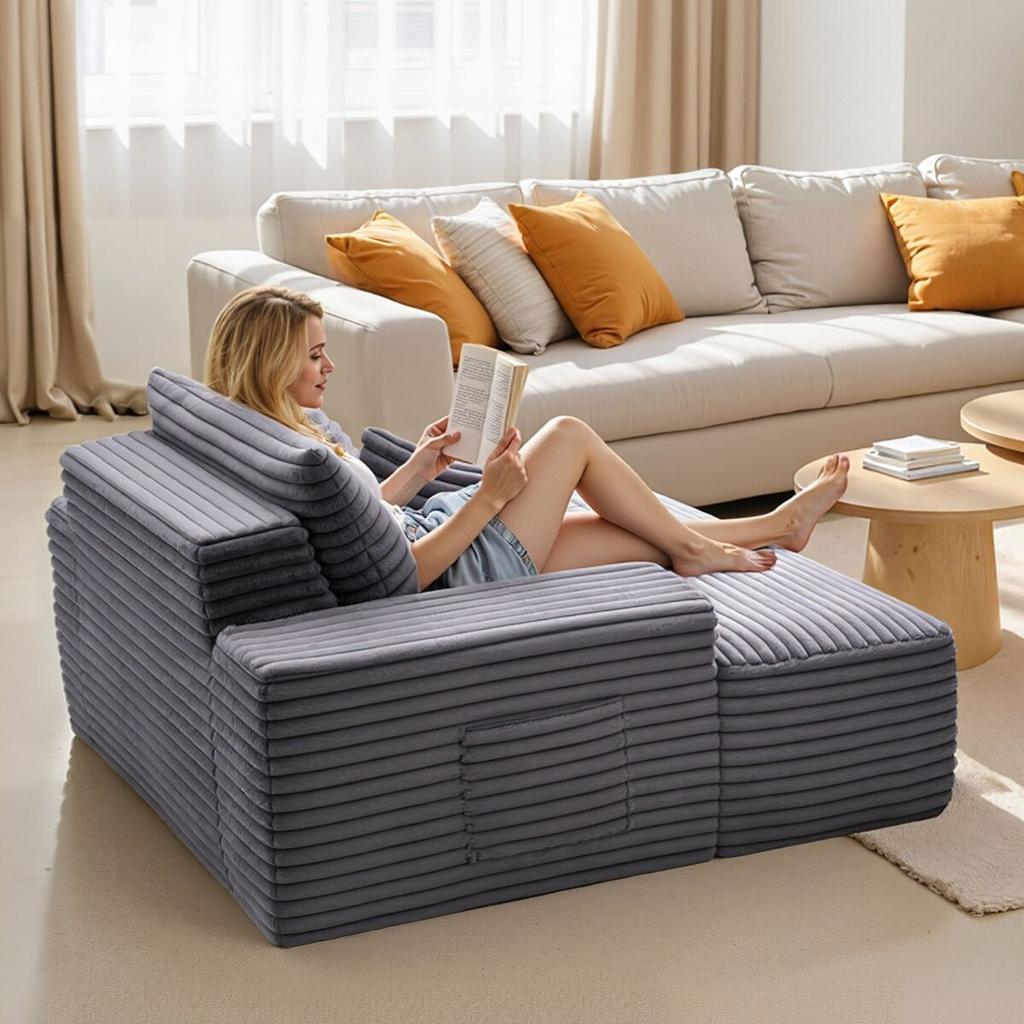 Chaise Lounge Chair, 1380 Mm Boneless Chaise Lounge Indoor, Modern Upholstered Oversized Reading Chair with Throw Pillows & Armrests, Sofa Couch Deep