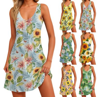 Lässiges Damenkleid mit V-Ausschnitt, ärmellos, Blumendruck und Seitentaschen