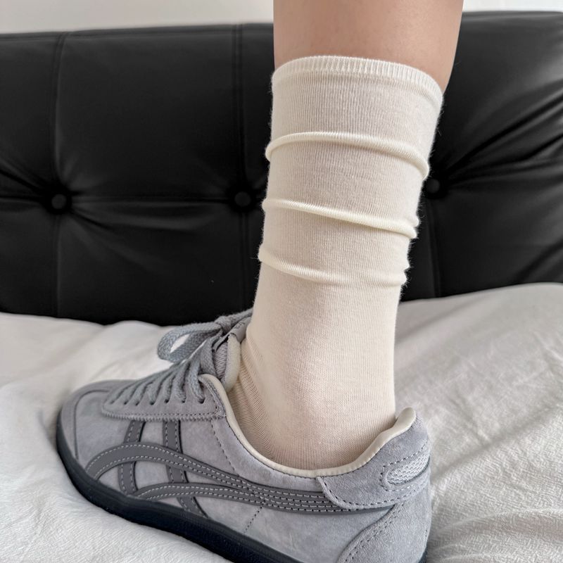 Korean All-In-One Machine Medium Tube Socks Flat Boneless Breathable Cotton Socks Solid Color Socks White Stockings Pile Up Socks Thin