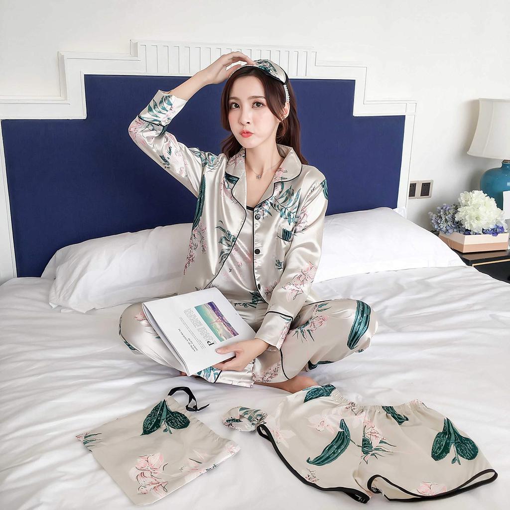 CARLIE KLOSS Silk Loungewear Featuring Long and Size Perfect for and Summer Women's 7-Piece Set, Silk, Open-Front, Sleeves, Pants, Camisole, White,