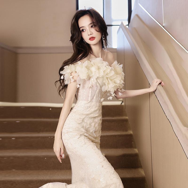 One-word Shoulder Dress Champagne 1011 New Summer High-end Light Luxury Birthday Host Banquet Evening Dress Dress