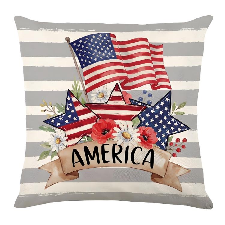 Star Striped Flower Wreath Throw Pillow Case 4th of July Patriotic Independence Memorial Day US Flag Cushion Cover