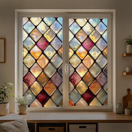 Statische Glasfolie, Fensterfolie mit farbiger Glasstruktur, UV-lichtblockierende, wasserdichte, staubdichte Sichtschutzfolie für die Heimdekoration