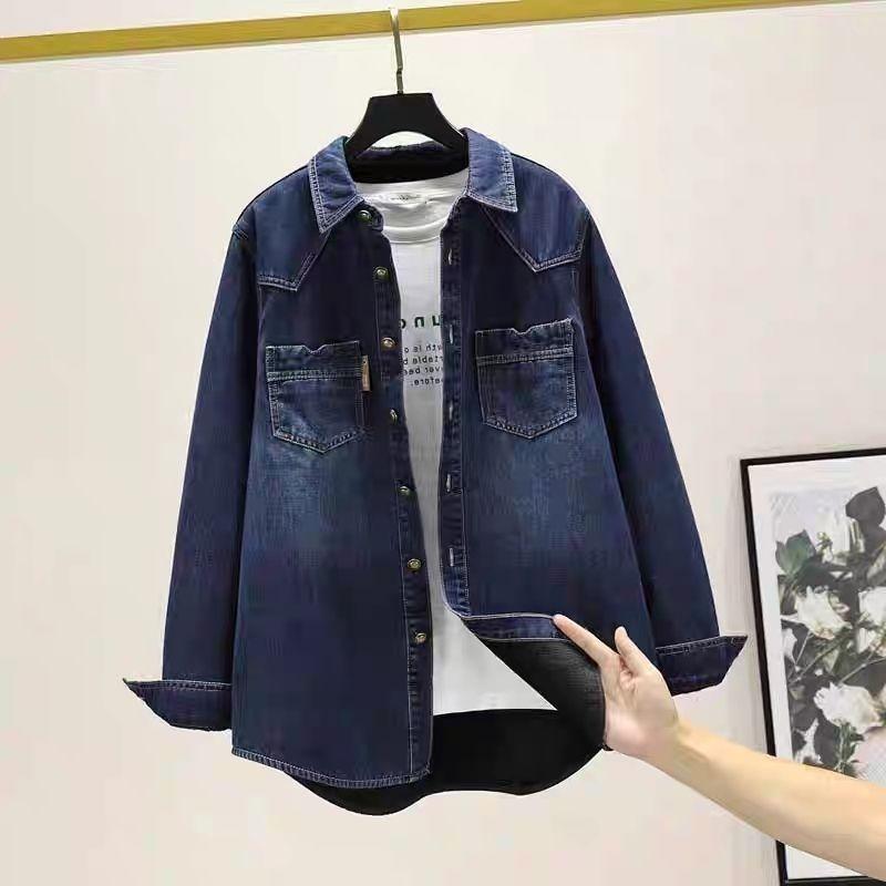 Women's Fleece-Lined Denim Shirt Autumn Winter Loose Casual Thickened Denim Shirt