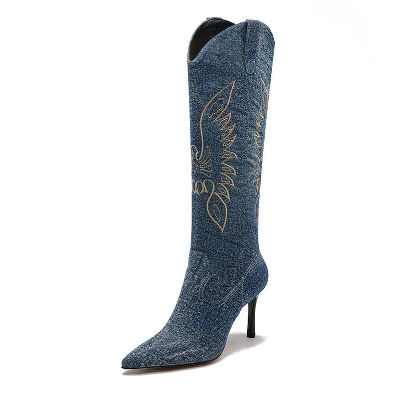 Designer ethnic style embroidered high knight boots leather thin V-mouth western cowboy boots pointed stiletto boots