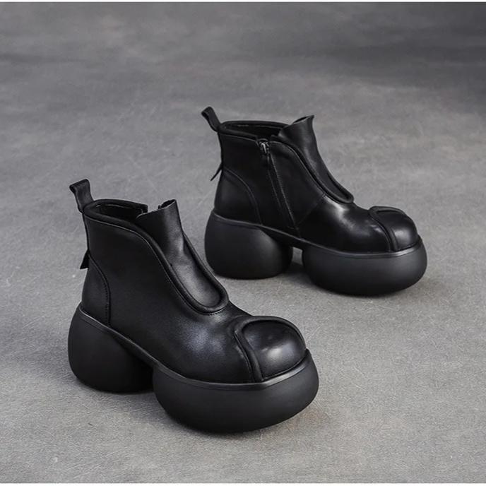 Johnature Women's Thick Soled Ankle Boots Genuine Leather Round Toe Handmade Retro Platform Shoes