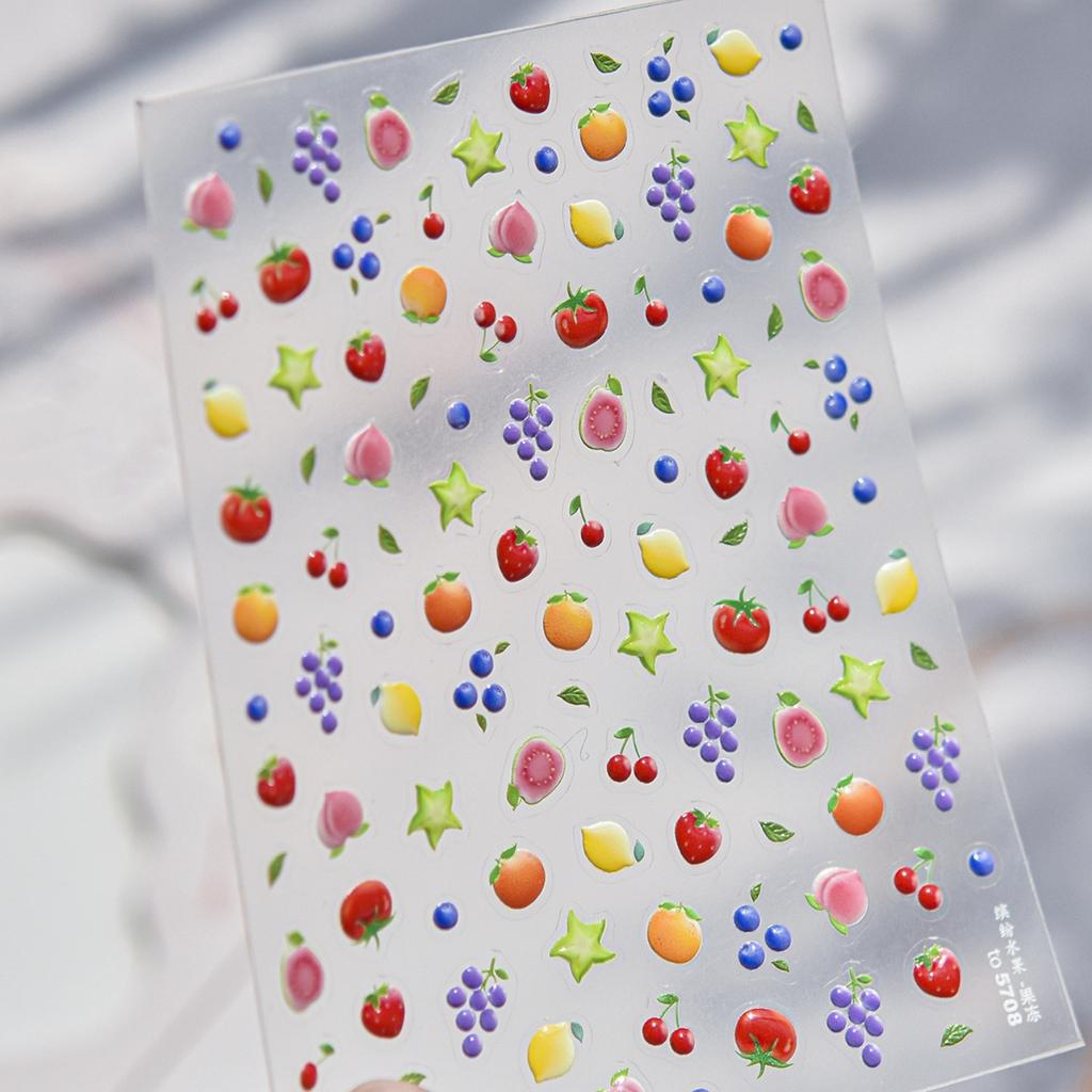 Spring Strawberry Vine 5D Nail Art Stickers Garden Fresh Red Strawberry Green Leaves Flower Cherry Branch Bow Nail Decals DIY