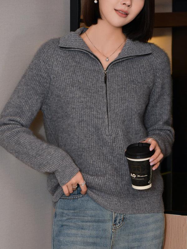 Women's Versatile Wool Half-Zip Stand Collar Sweater - Long Sleeve Knitwear for Autumn and Winter