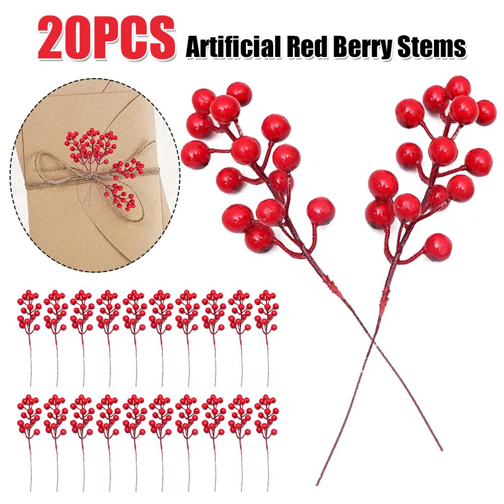20PCS Artificial Holly Berries Branches 8.7inch Artificial Holly Berry Picks Versatile for Xmas Tree Decorations