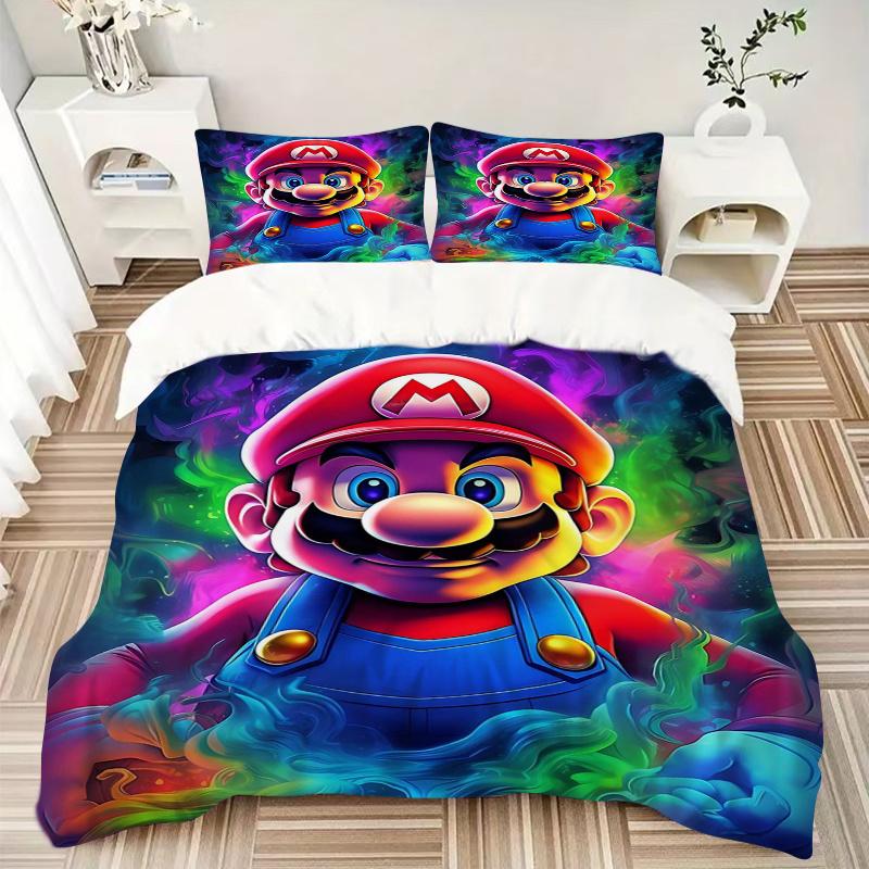 3pcs Colorful Super Mario Bedding Set - Includes 1 Quilt Cover and 2 Pillowcases, Comfortable Bedding with Stylish Design for Bedroom, Machi