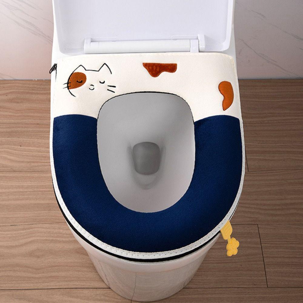 Handle Toilet Seat Cushion With Zipper Closestool Mat Reusable Plush Toilet Seat Cover  Lavatory