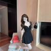 Deep V-neck sexy mesh splicing short sleeves waist thin A-shaped skirt women's autumn black versatile dress short skirt