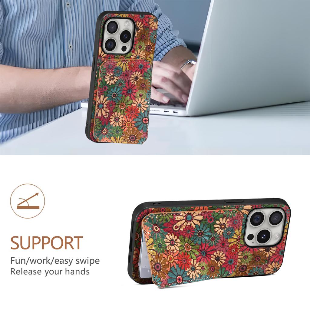 For iPhone 16 Pro Max Case with Card Holder Flowers Design Leather Phone Cover Kickstand