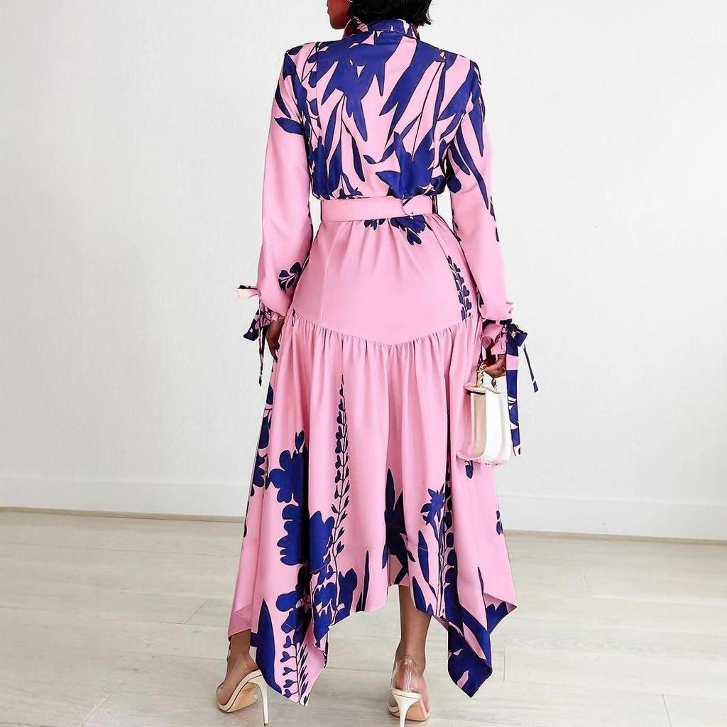 European and American Plus Size Women's Irregular Lapel Dress with Temperament Print