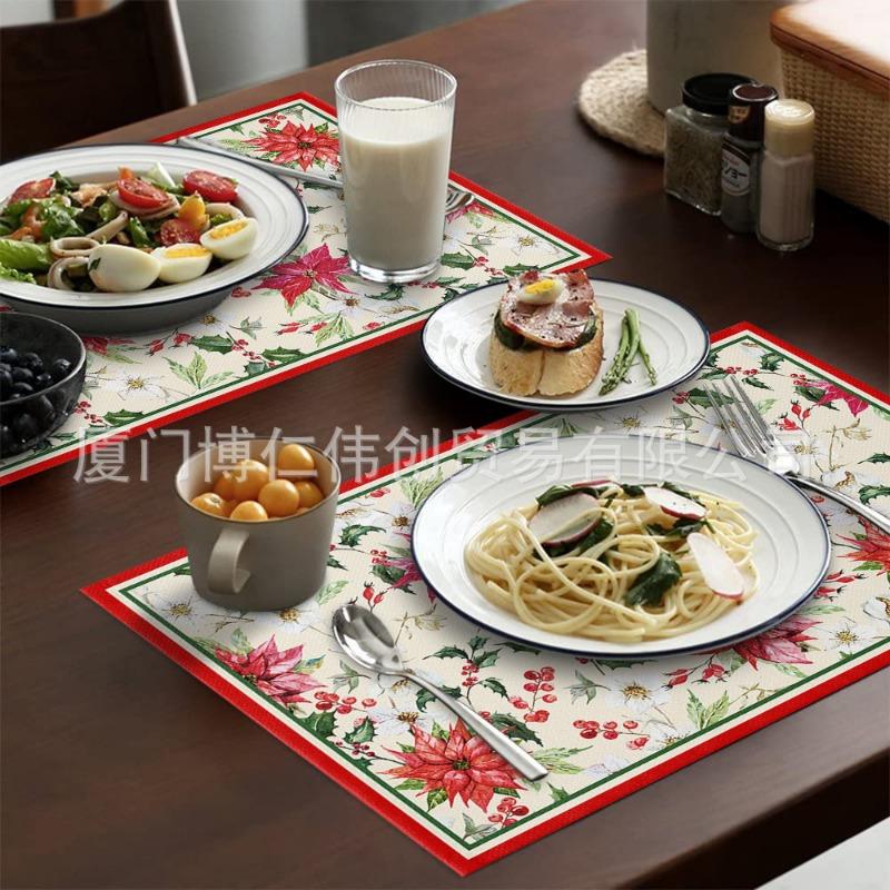 NOVÝ Lněný Vánoční Květ Poinsettie Tištěný podložka pod talíř Látkový podložka pod šálek na kávu a čaj jídelní prostírání do kuchyně