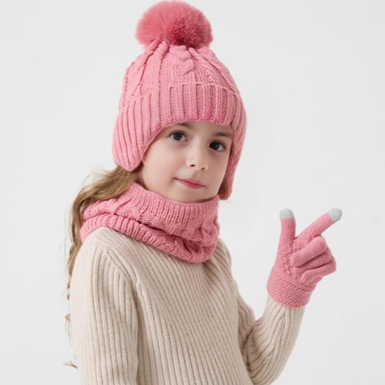 3Pcs/Set Kids Hat Scarf Gloves Set Colorful Twist Texture Hat Thickened Plush Lining Neck Gaiter Knitted Gloves Set