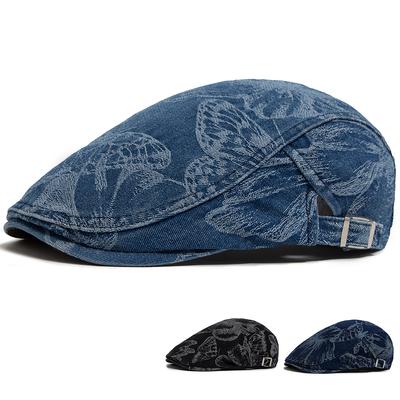 Béret Papillon Imprimés Denim Vintage Casquette Gavroche Femme Été Décontracté Casquettes Simple Couche Automne Coton Visière Chapeau Plat Pour Unisexe