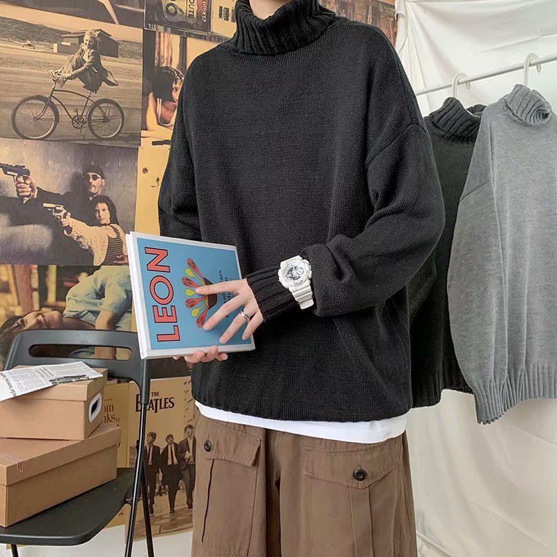 Men's Solid Color Slim Mid-Neck Sweater - Knitted Turtleneck for Autumn/Winter