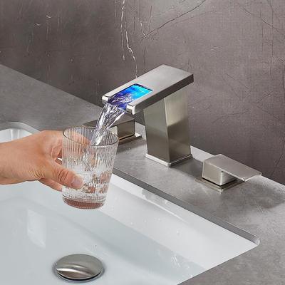 3 Holes LED Waterfall Basin Faucet, 2 Handles Cold Hot Water Mixers Sink Tap RGB Color Change Powered by Water Flow